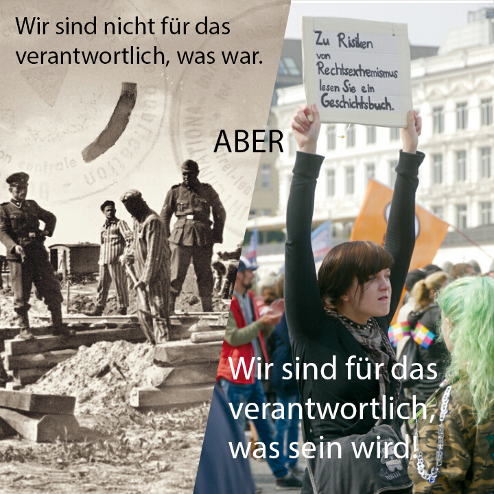 Historisches Bild KZ-Neuengamme und aktuelles Bild Demonstrantin gegen Rechtsextremismus